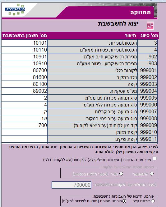 מסך יצוא לחשבשבת מכספית התוכנה הקלה והמשתלמת להנהלת חשבונות